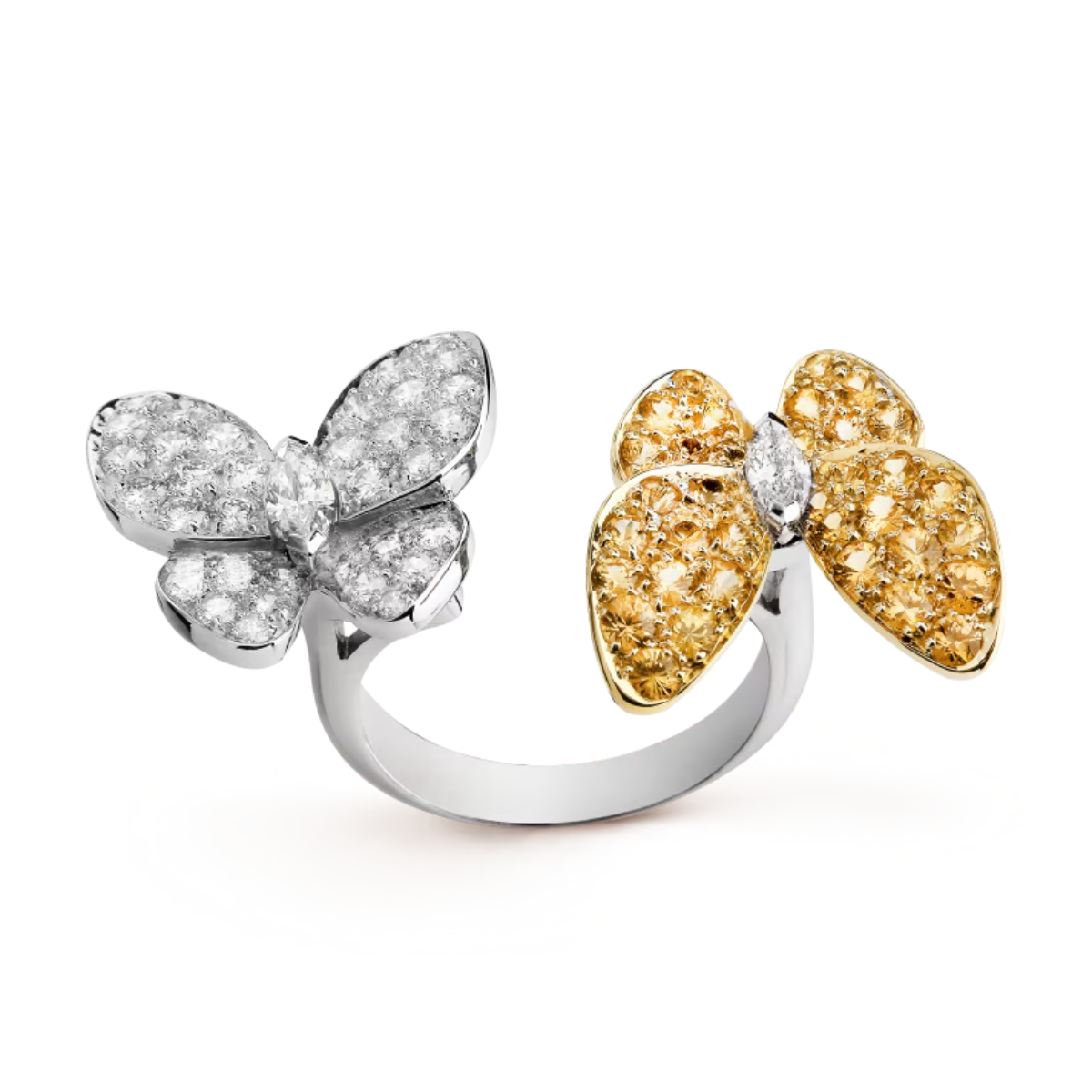 Anel Two Butterfly Laranja e Pavé Brilhante - Prata 925