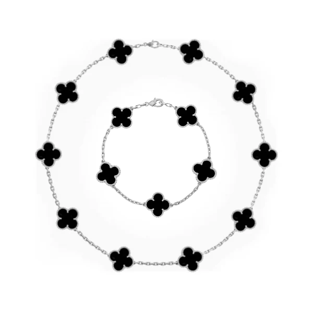 Conjunto Alhambra Trevo Colar 10 Trevos e Pulseira Preto - Prata de Lei