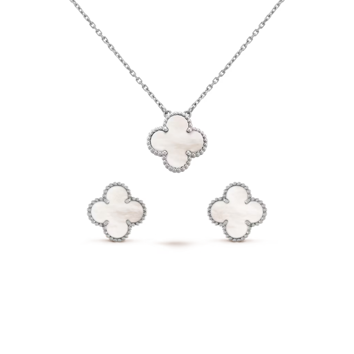 Conjunto Trevo Colar e Brinco Branco - Prata de Lei