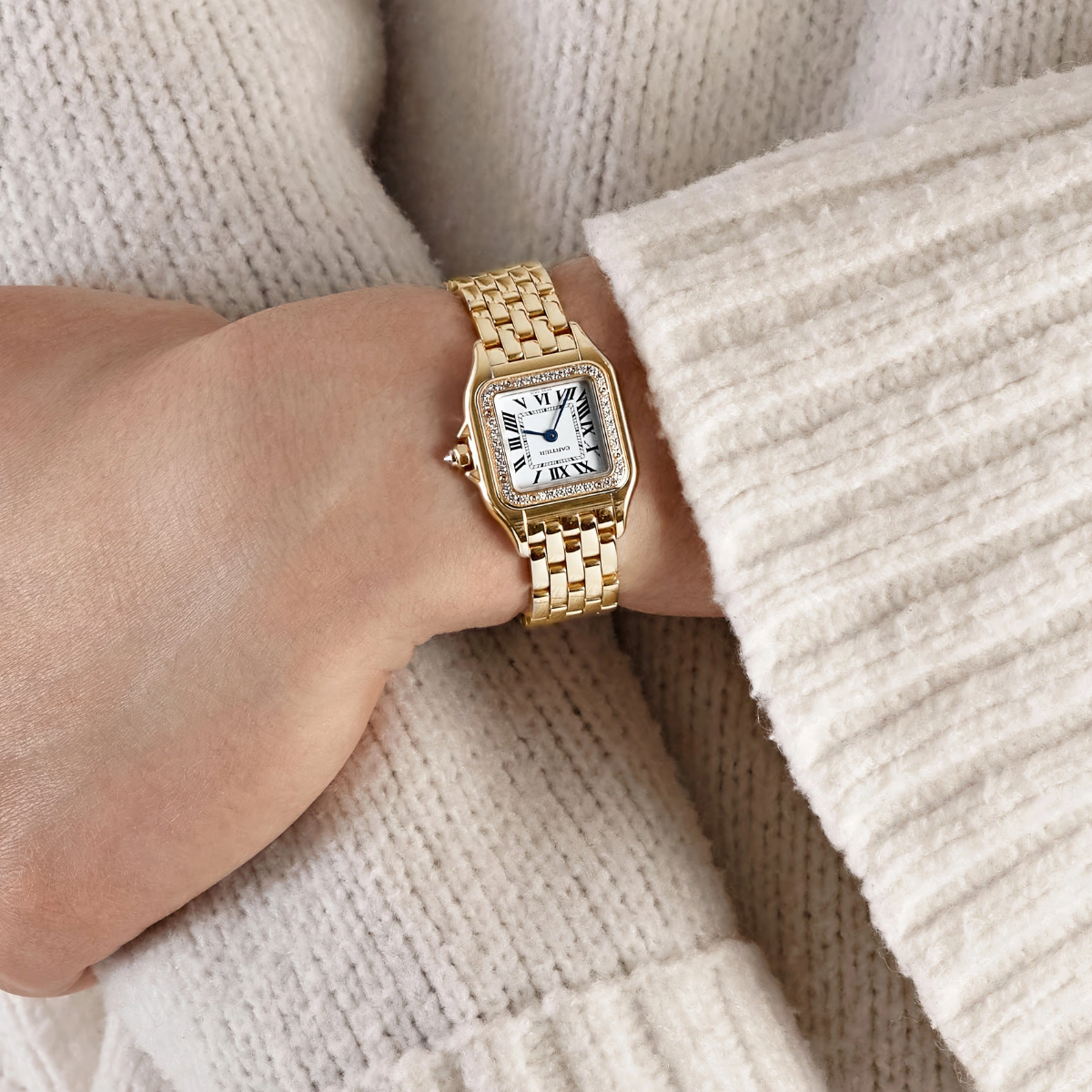 Relógio Mini Panthère Quadrado Pave Dourado