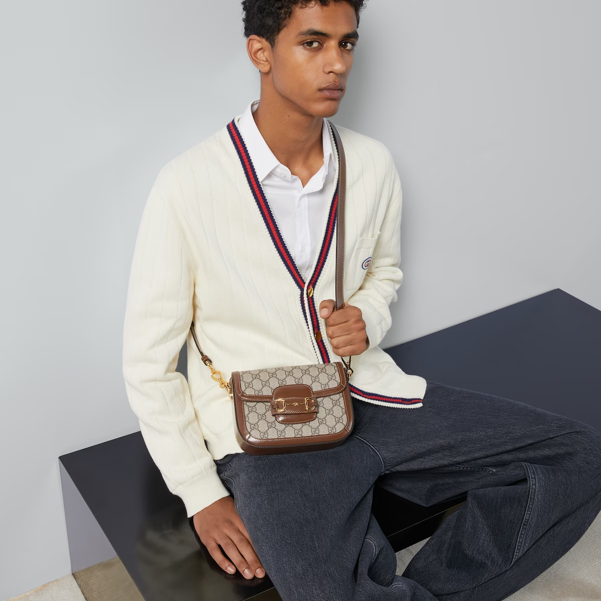 Bolsa De Ombro Horsebit 1955 Pequeno Marrom Estampada