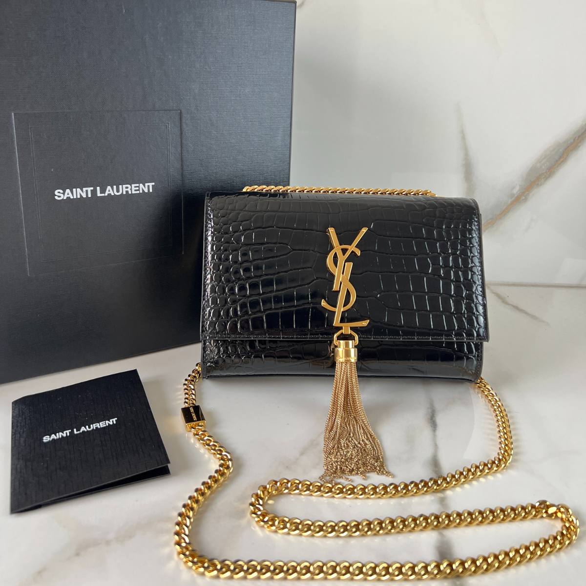 Bolsa YSL Kate Pequena detalhe Cassandre Couro Crocodilo