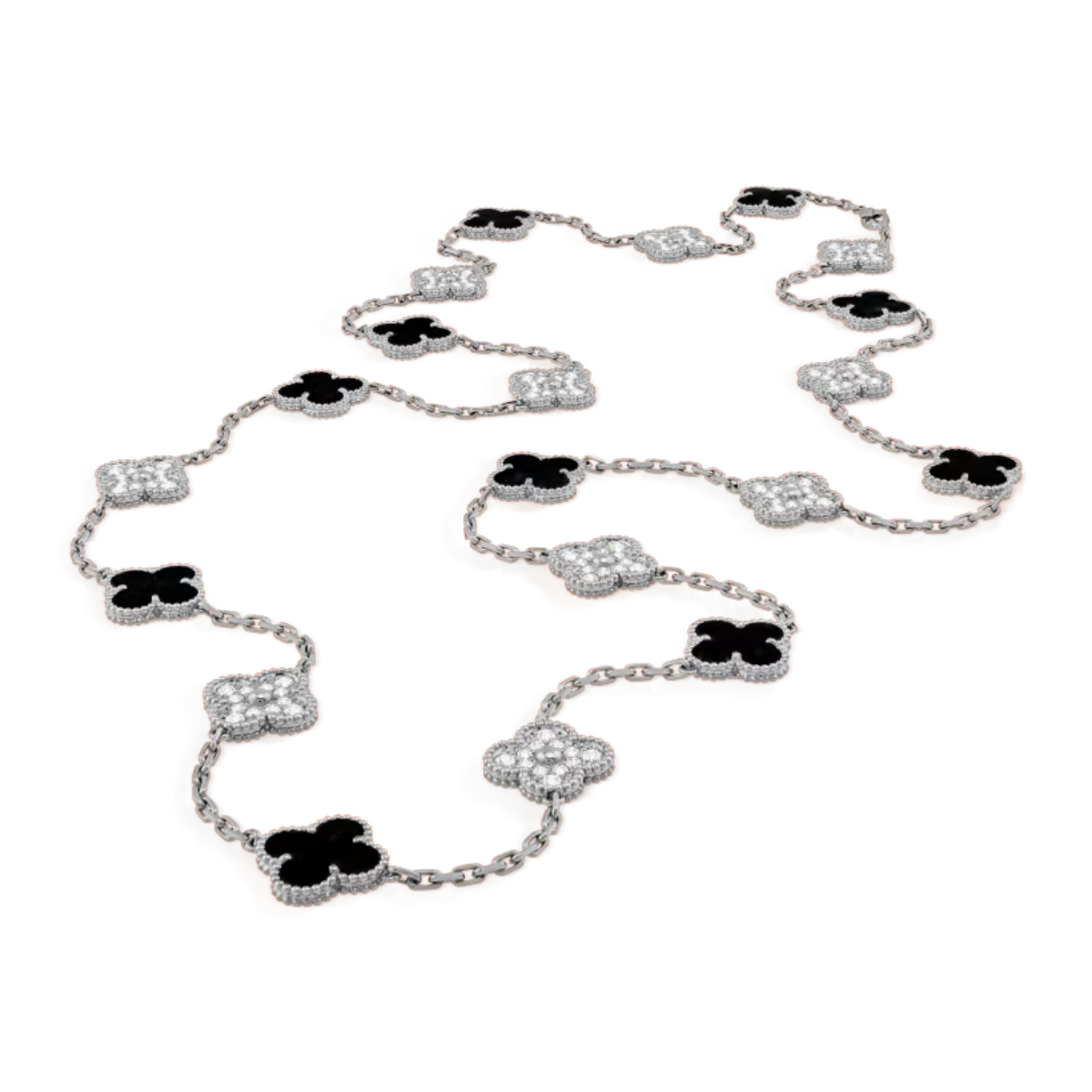 Colar Vintage Alhambra 20 Trevos Snowflake Preto - Prata de Lei