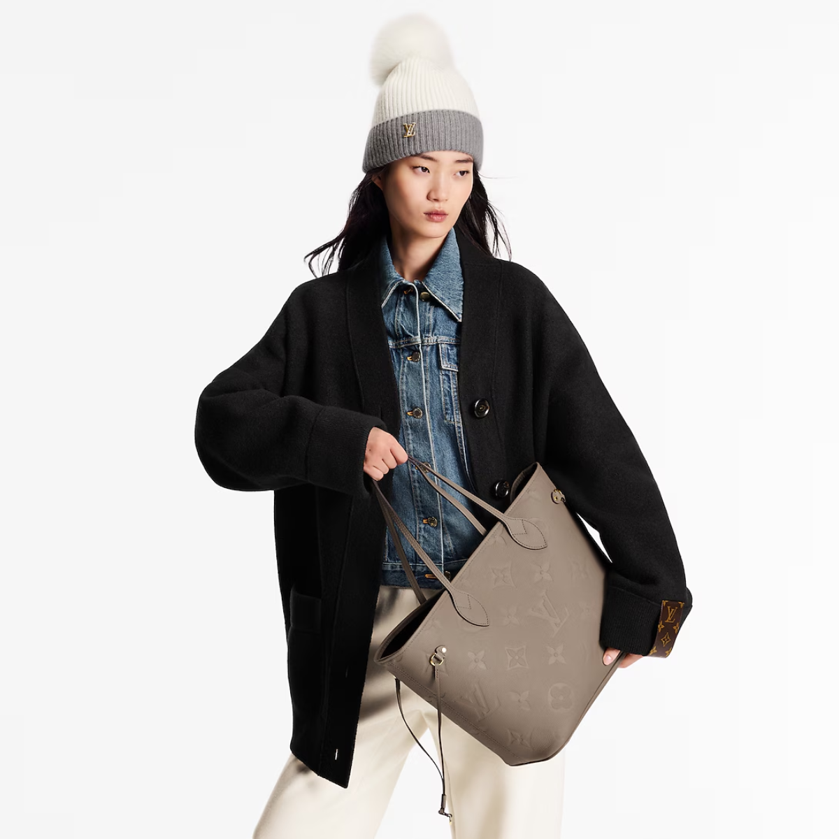 Bolsa LV Tote Neverfull MM Cinza