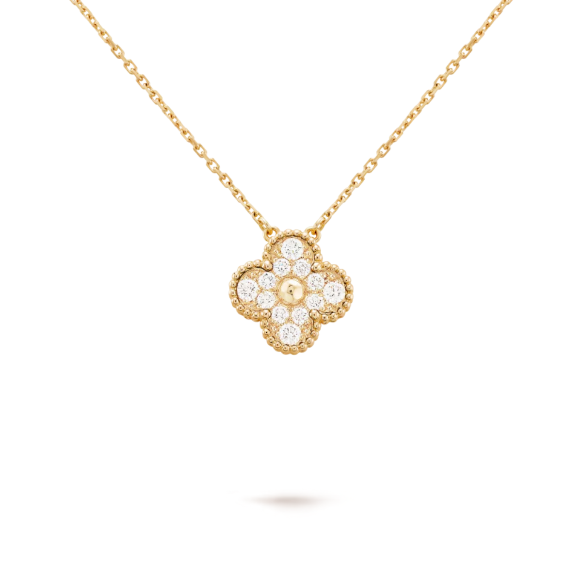 Colar Vintage Alhambra Pingente Único Trevo Cravejado Snowflake - Ouro 18K