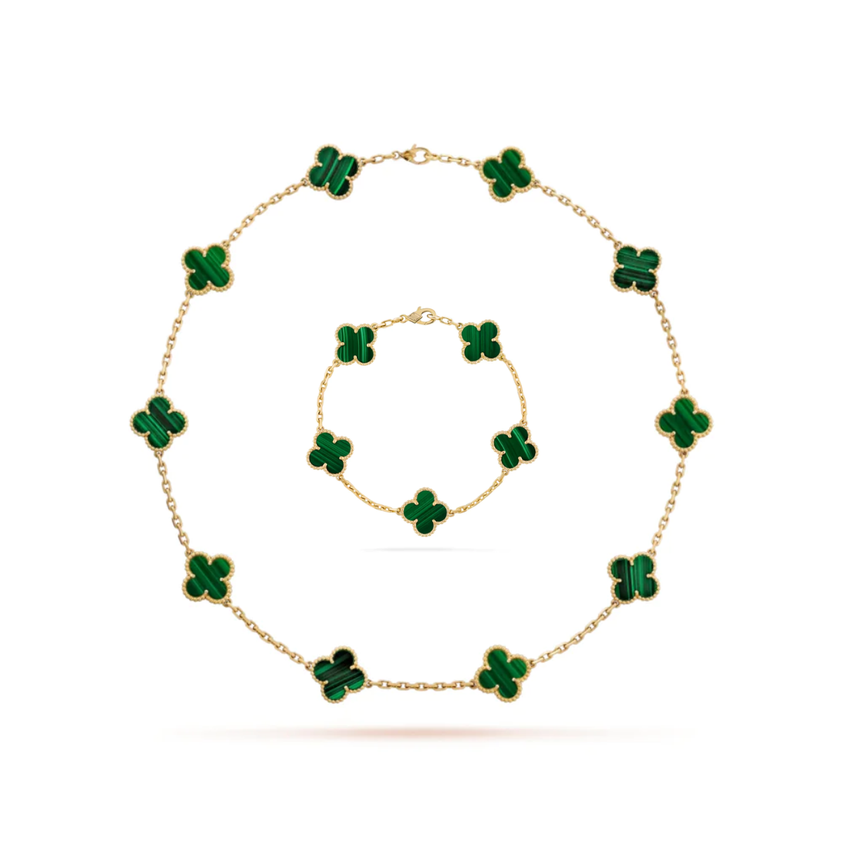 Conjunto Alhambra Trevo Colar 10 Trevos e Pulseira Verde - Ouro 18K