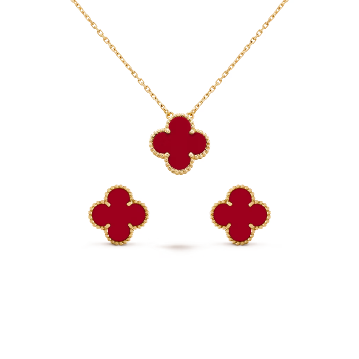 Conjunto Alhambra Trevo Colar e Brinco Vermelho - Ouro 18K