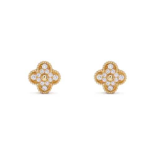 Conjunto Alhambra Trevo Colar unico e Brinco Snowflake - Ouro 18K