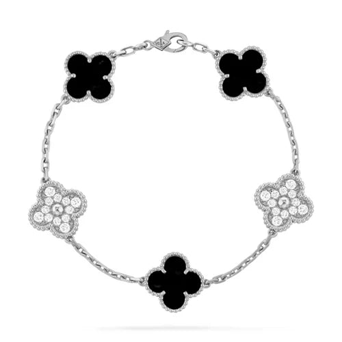 Conjunto Alhambra Trevo Colar 10 Trevos e Pulseira SnowFlake - Prata De Lei