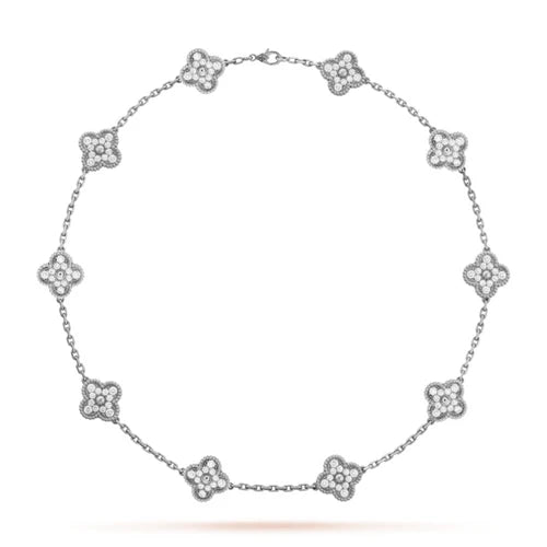 Conjunto Alhambra Trevo Colar 10 Trevos e Pulseira SnowFlake - Prata De Lei