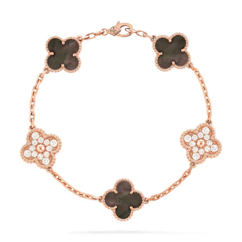 Conjunto Alhambra Trevo Colar, Pulseira e Brinco Cravejado Snowflake - Ouro Rose