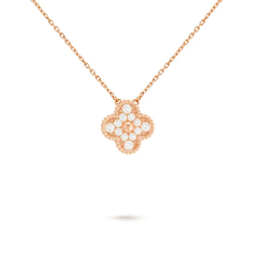 Conjunto Alhambra Trevo Colar, Pulseira e Brinco Cravejado Snowflake - Ouro Rose