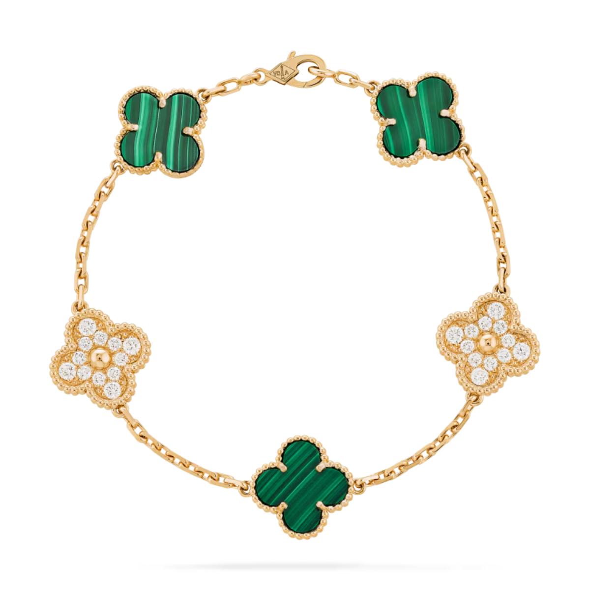 Pulseira Vintage Alhambra 5 Trevos Cravejado Snowflake Verde - Ouro 18K