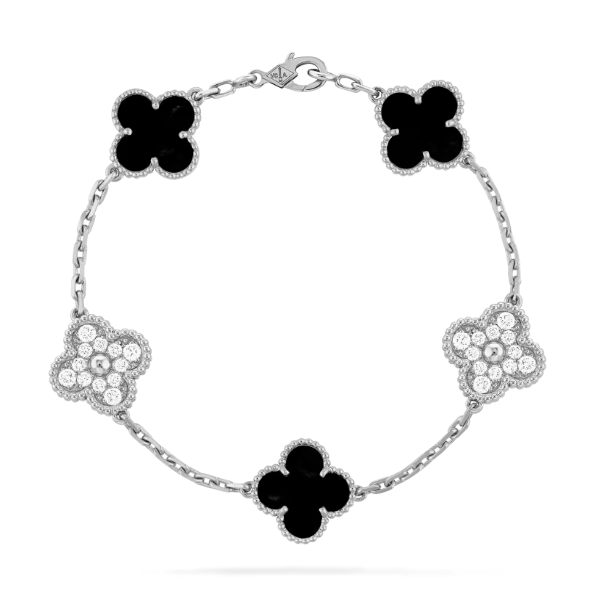 Pulseira Vintage Alhambra 5 Trevos Cravejado Snowflake Preto - Prata de Lei