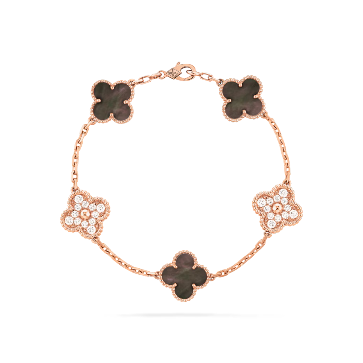 Pulseira Vintage Alhambra 5 Trevos Cravejado Snowflake Cinza- Ouro Rose