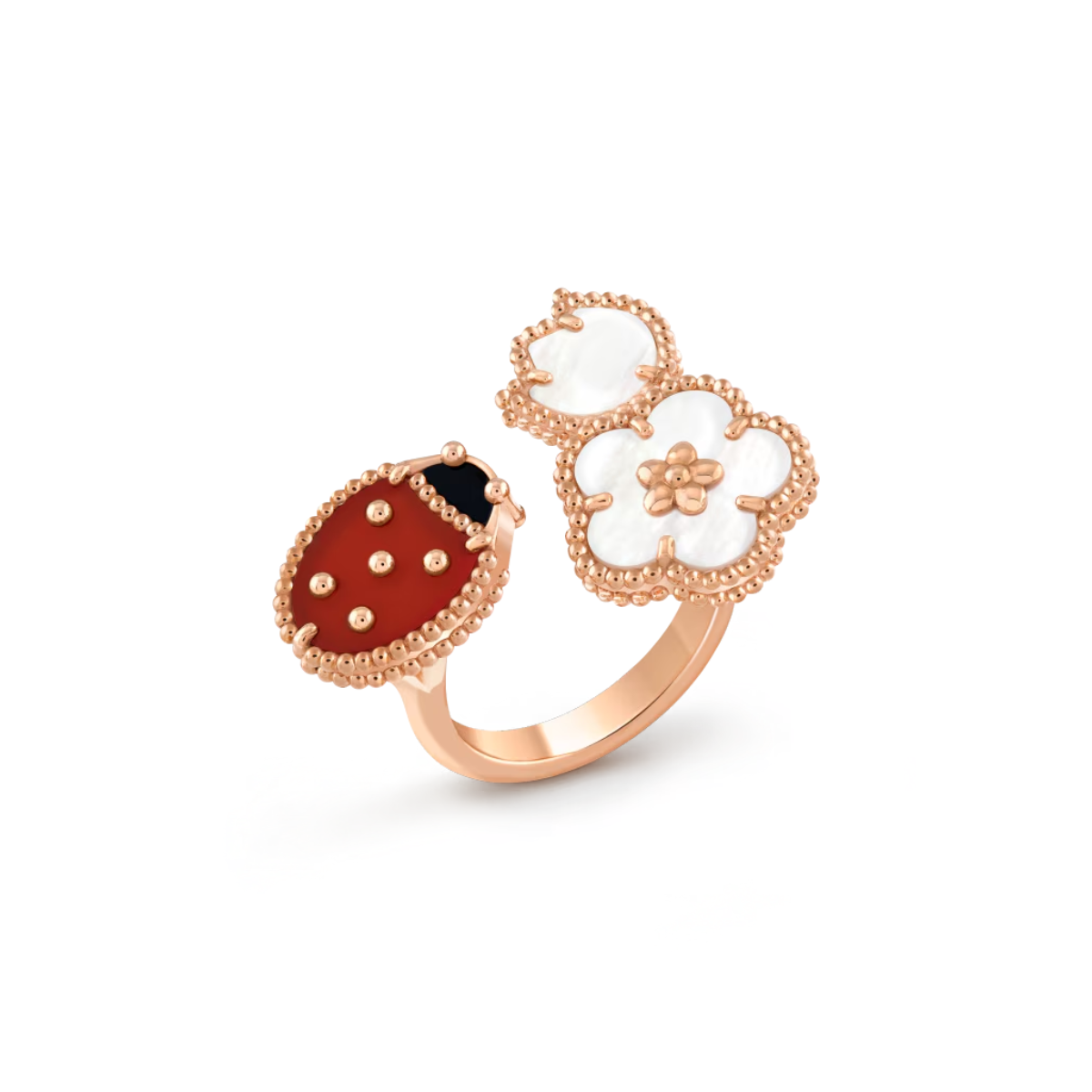 Anel Lucky Spring Joaninha e Flor de Ameixa - Ouro Rose