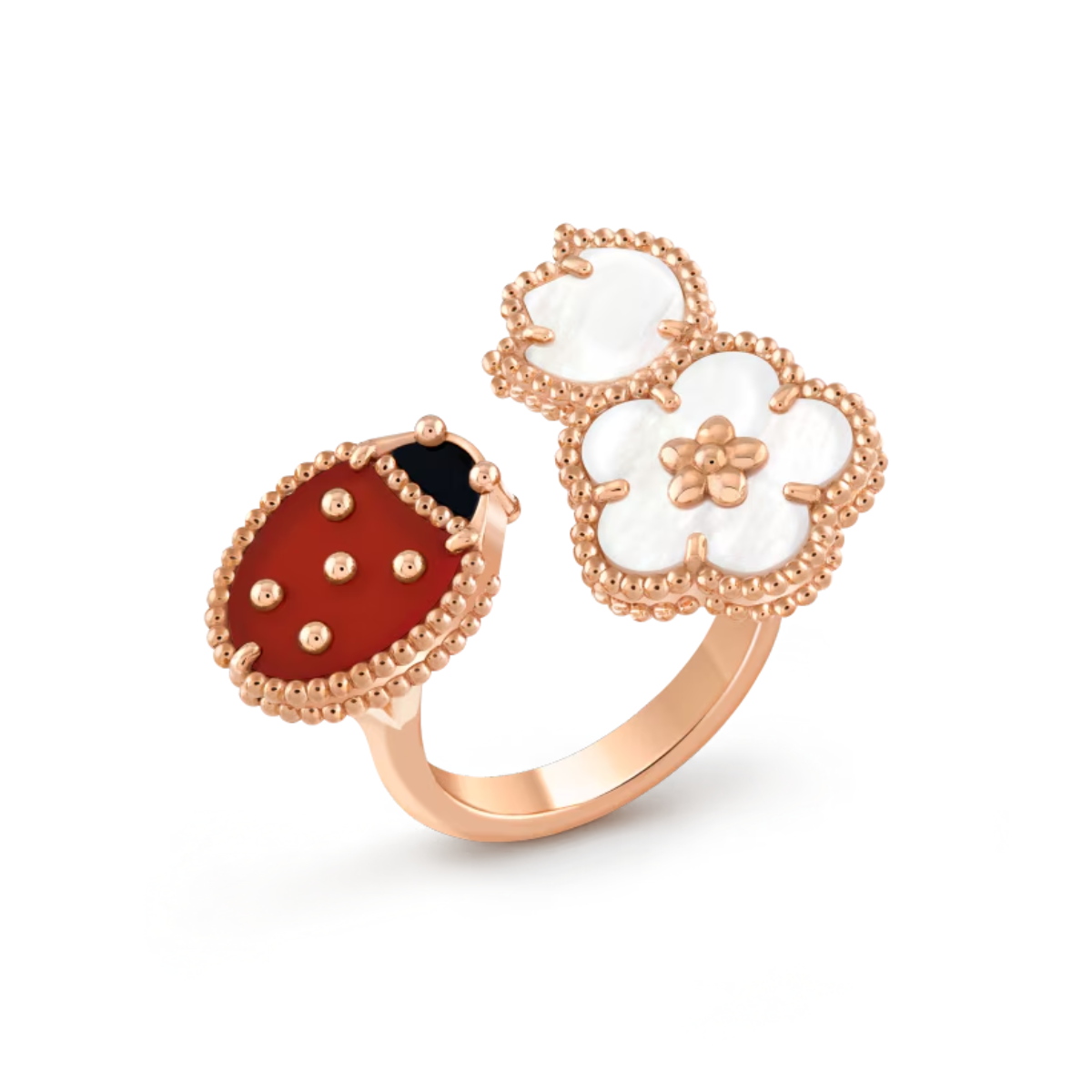 Anel Lucky Spring Joaninha e Flor de Ameixa - Ouro Rose