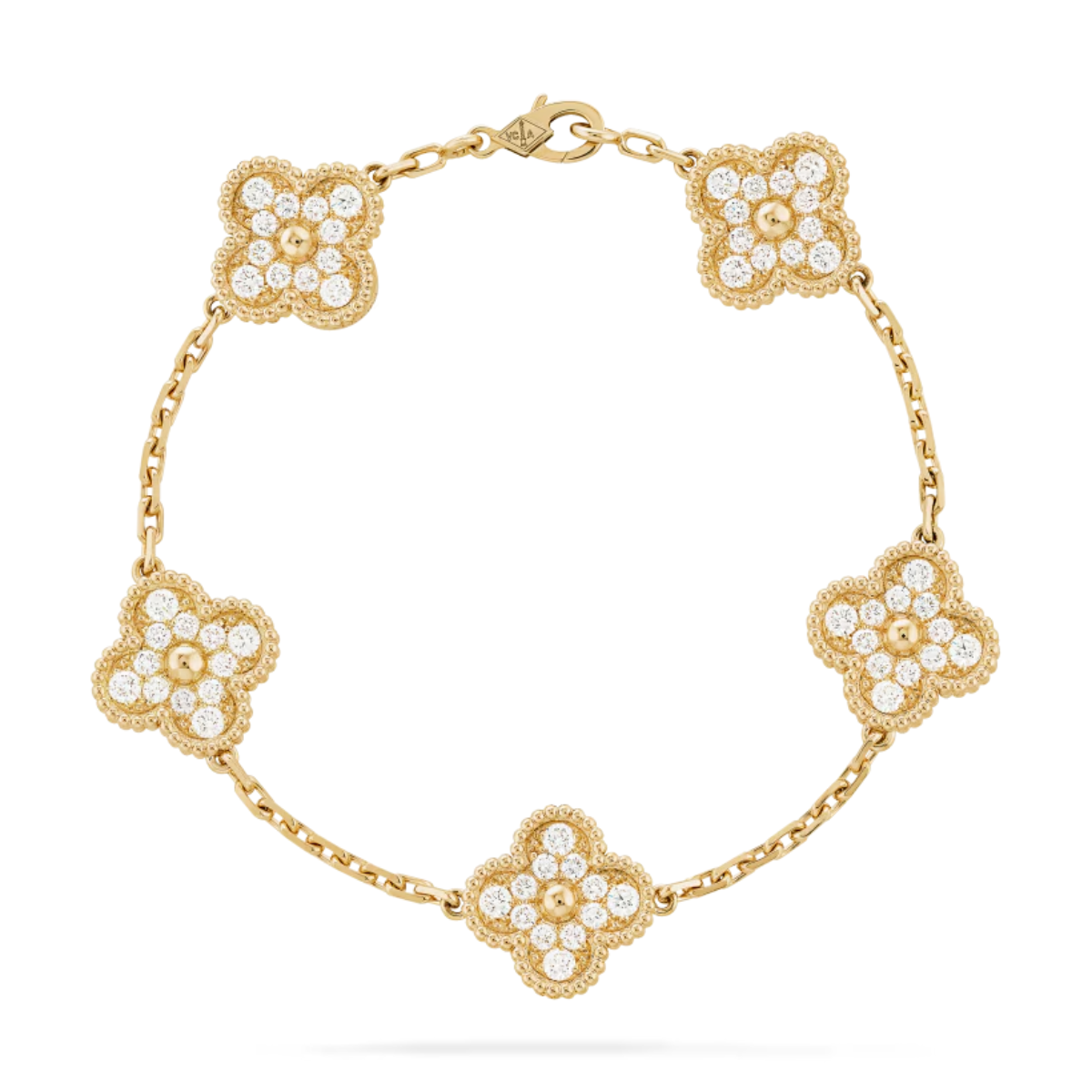 Pulseira Vintage Alhambra 5 Trevos Cravejado Snowflake - Ouro 18K