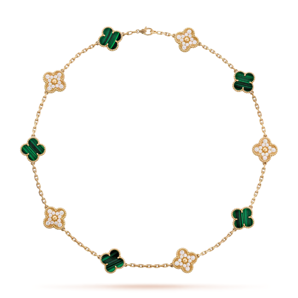 Colar Vintage Alhambra 10 Trevos Cravejado Snowflake Verde - Ouro 18K