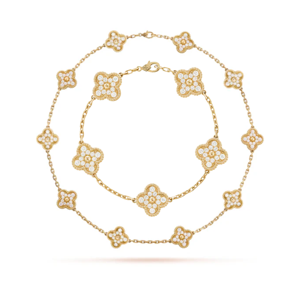 Conjunto Alhambra Trevo Colar 10 Trevos e Pulseira Cravejado Snowflake - Ouro 18K