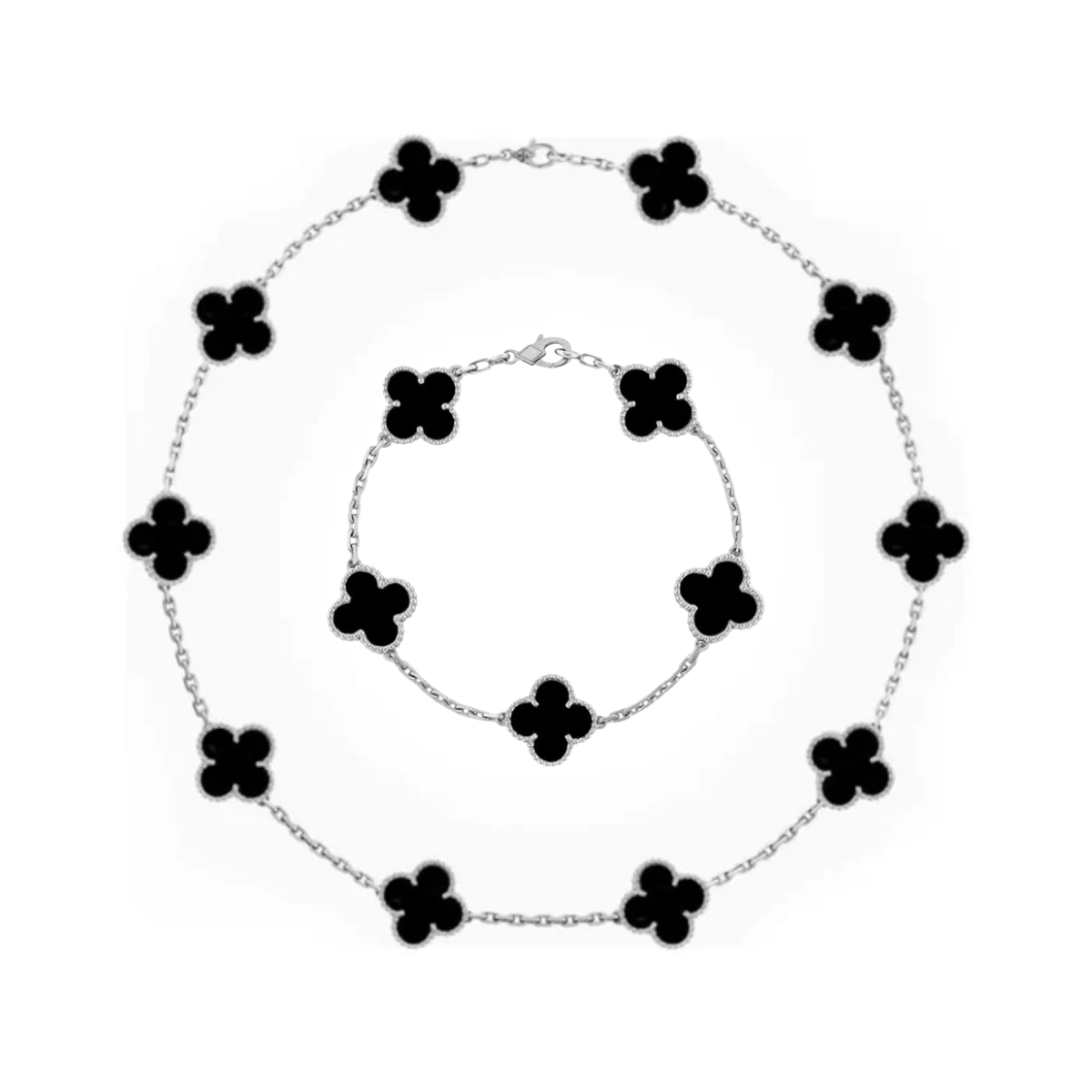 Conjunto Alhambra Trevo Colar 10 Trevos e Pulseira Preto - Prata de Lei