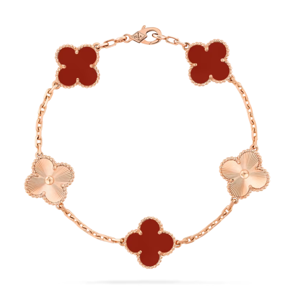 Pulseira Vintage Alhambra 5 Trevos Brilhante Vermelho - Ouro Rose