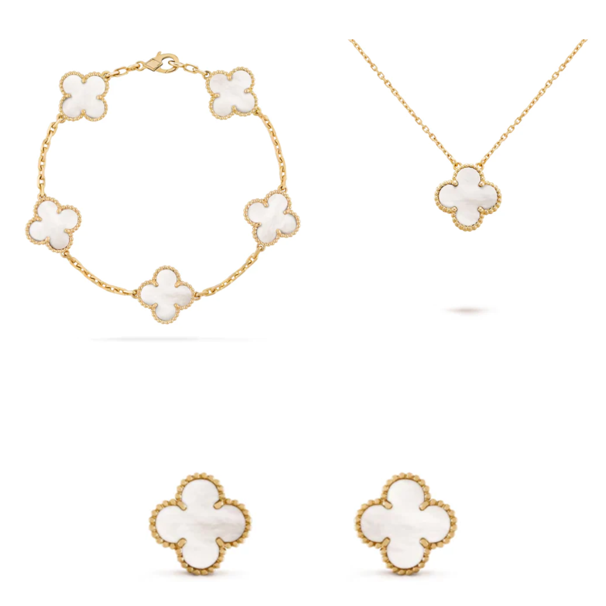 Conjunto Alhambra Trevo Colar, Pulseira e Brinco Branco - Ouro 18K