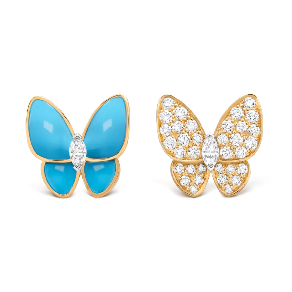 Brincos Two Butterfly Azul e Pavé - Ouro 18K