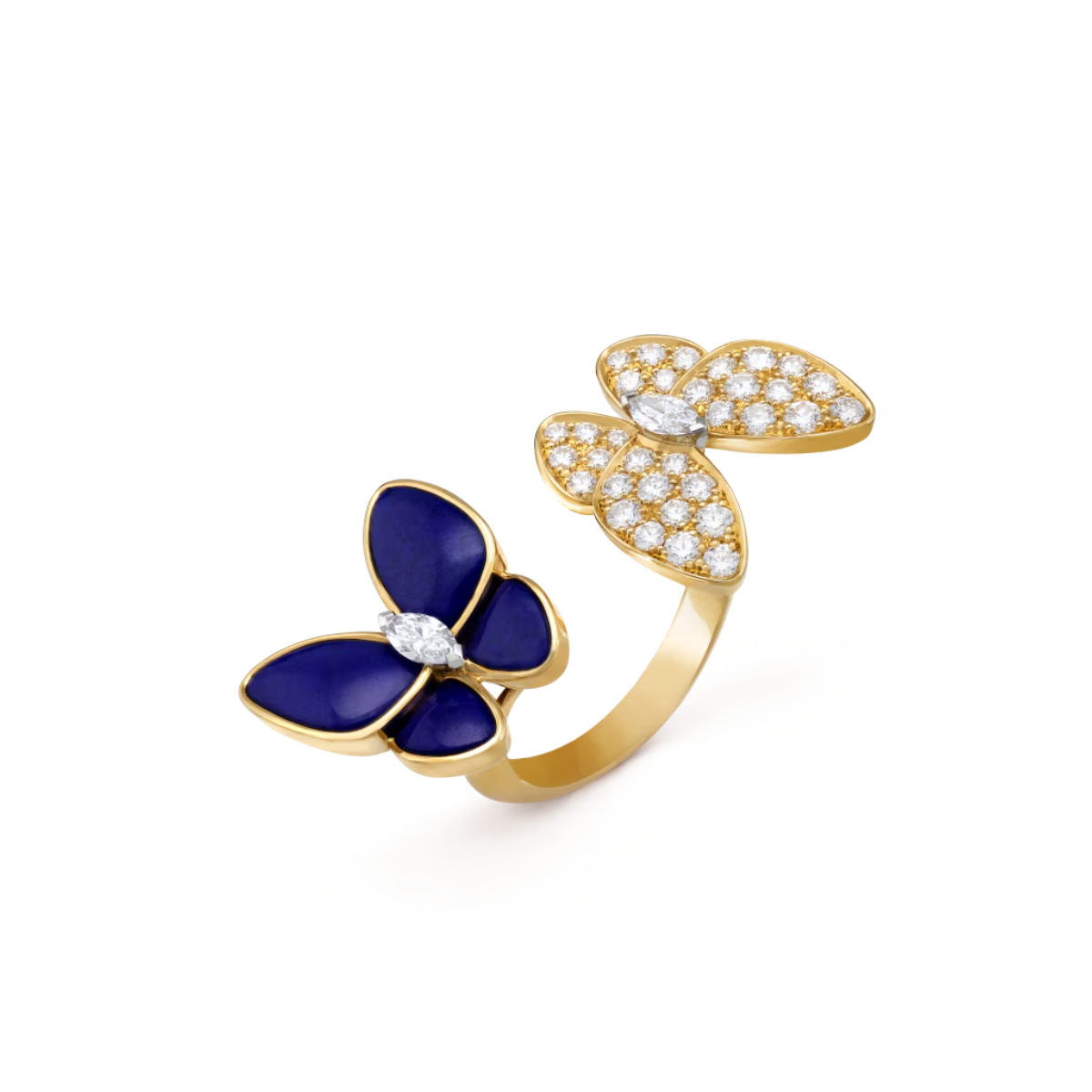 Anel Two Butterfly Pavé e Azul Escuro - Ouro 18K