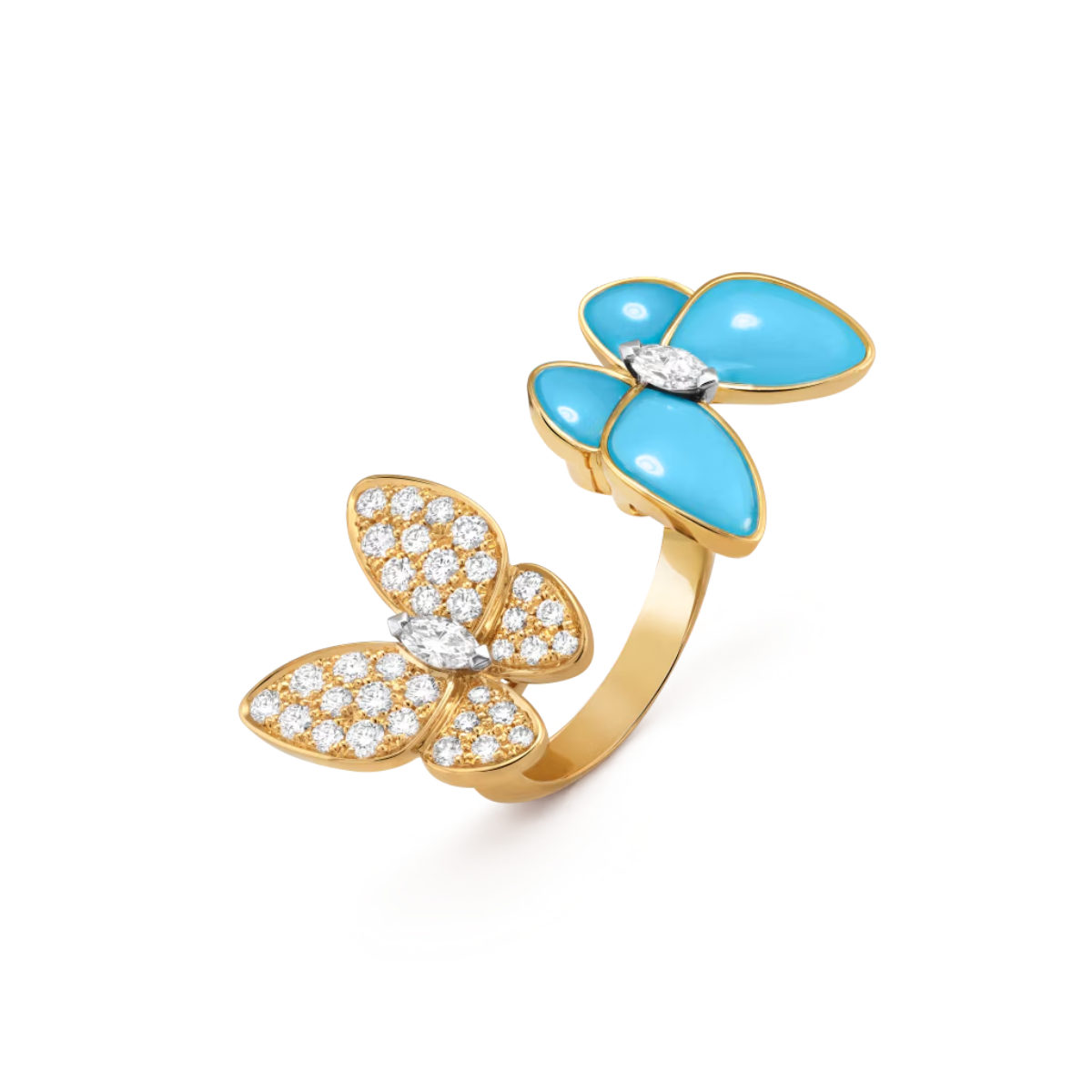 Anel Two Butterfly Pavé e Azul - Ouro 18K