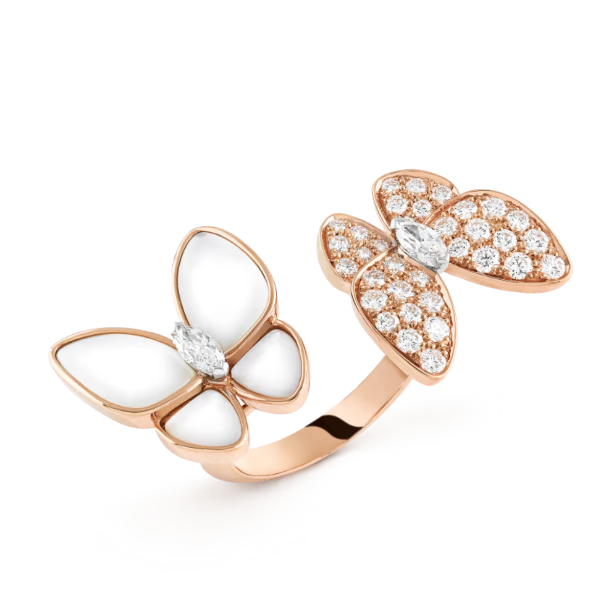 Anel Two Butterfly Branco e Pavé Brilhante - Ouro Rose