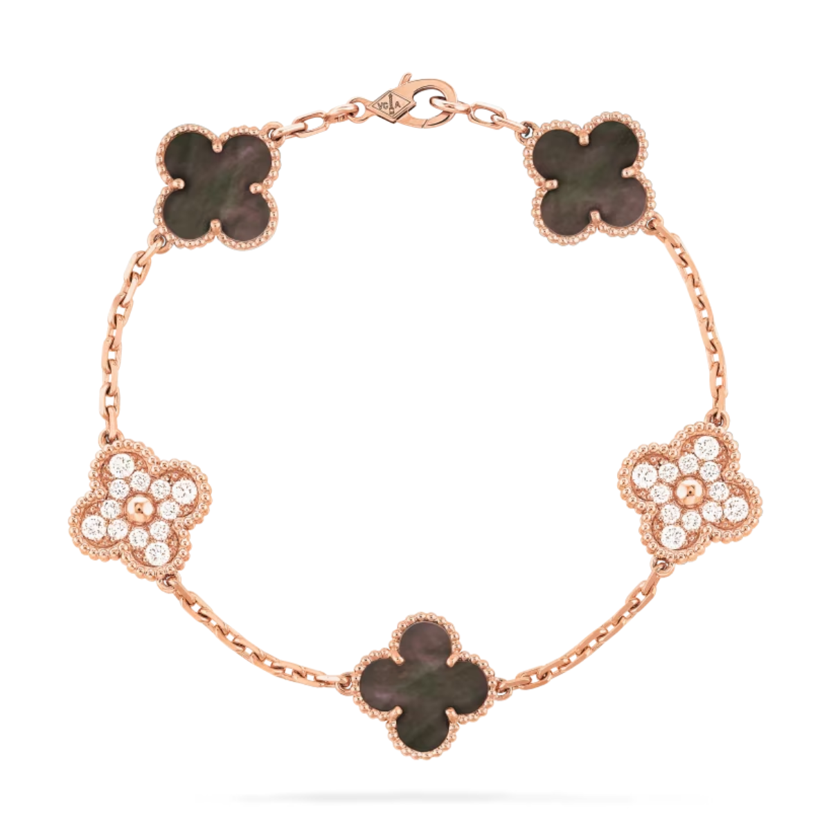 Pulseira Vintage Alhambra 5 Trevos Cravejado Snowflake Cinza- Ouro Rose