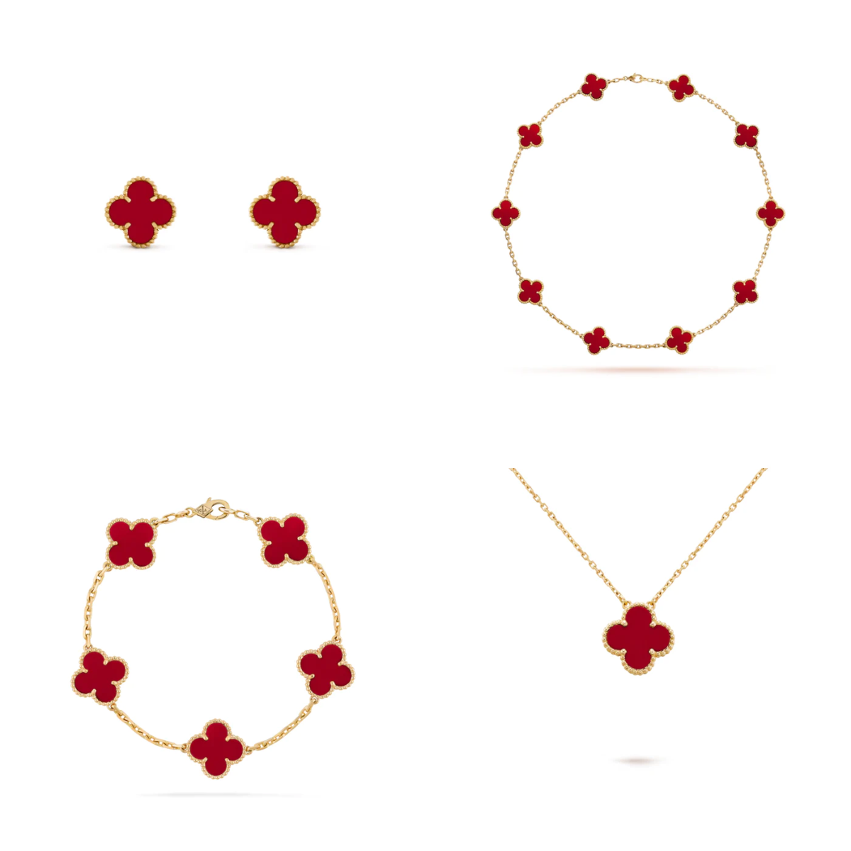 Conjunto Alhambra Vintage Trevo Completo Vermelho - Ouro 18K