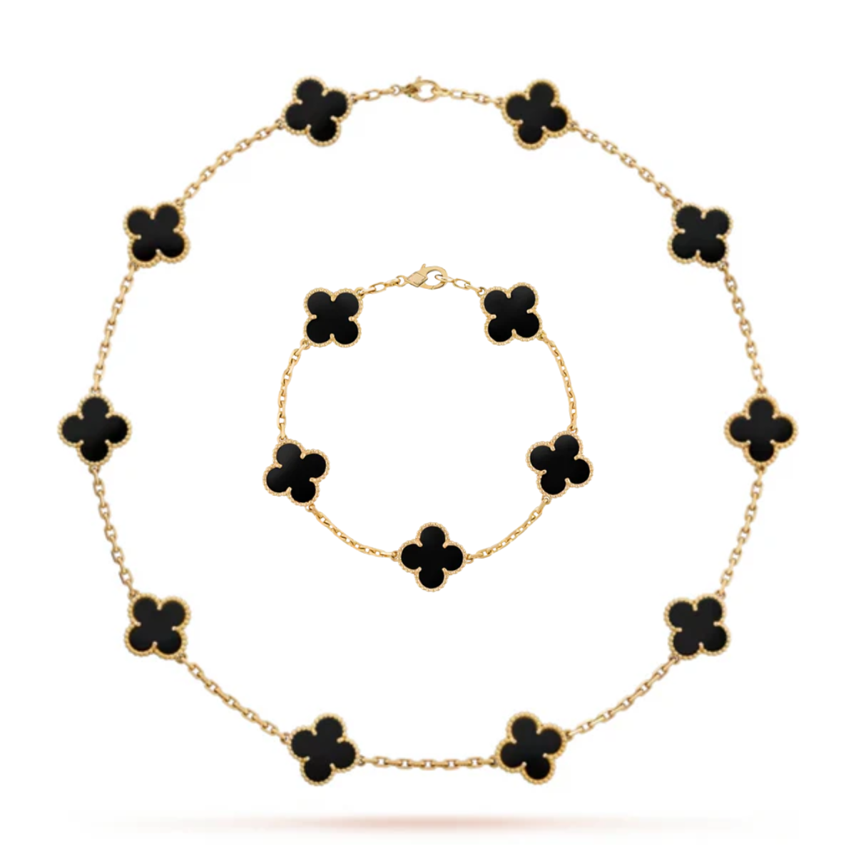Conjunto Alhambra Trevo Colar 10 Trevos e Pulseira Preto - Ouro 18K