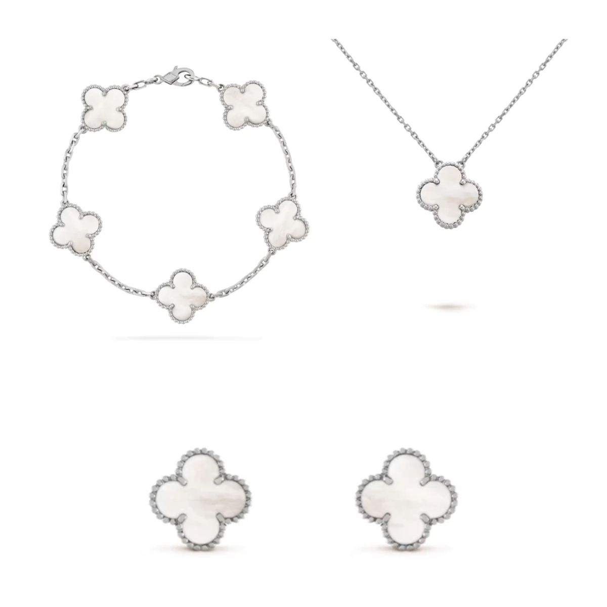 Conjunto Alhambra Trevo Colar, Pulseira e Brinco Branco - Prata de Lei