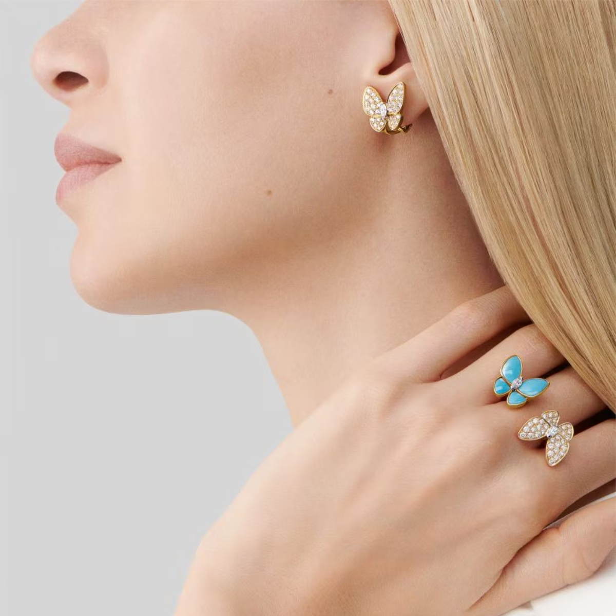 Anel Two Butterfly Pavé e Azul - Ouro 18K