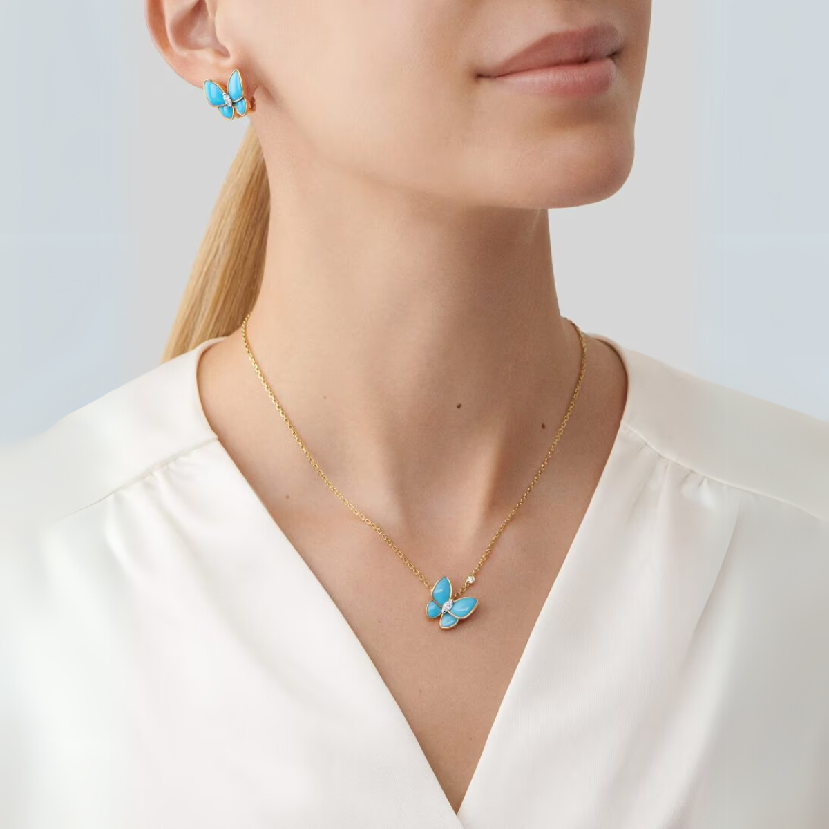 Colar Two Butterfly Cerâmica Azul - Ouro 18K