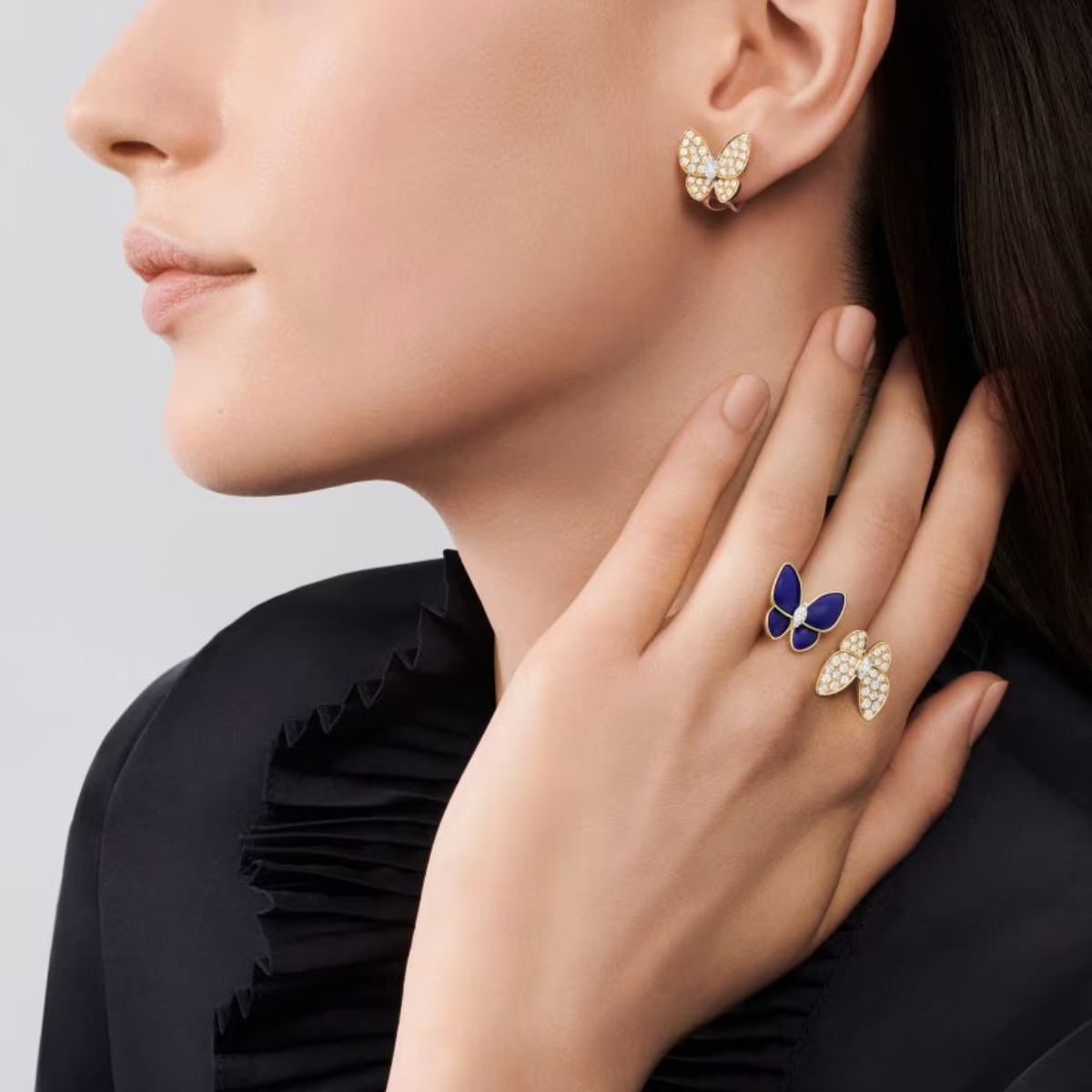 Anel Two Butterfly Pavé e Azul Escuro - Ouro 18K