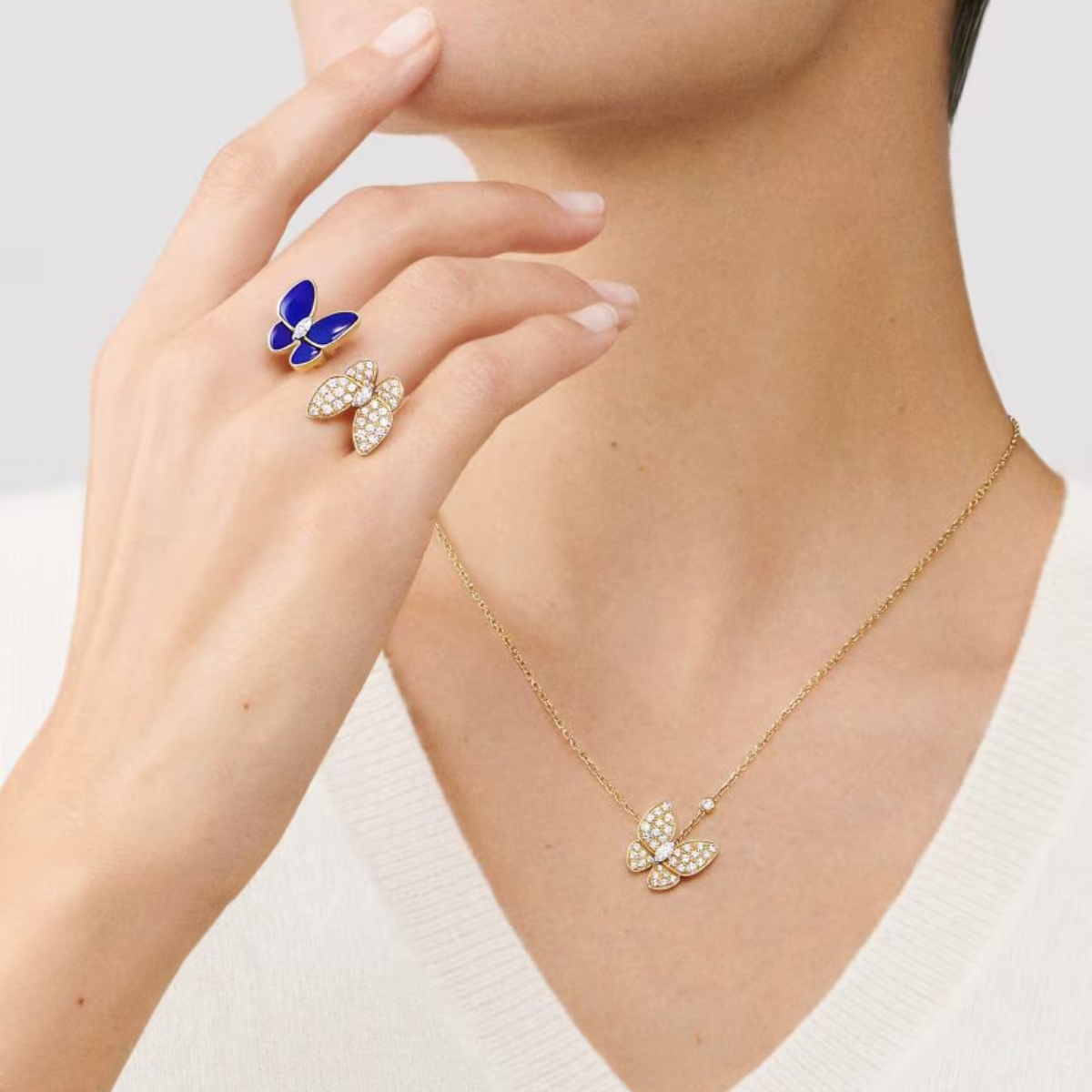 Colar Two Butterfly Pavé Brilhante - Ouro 18K