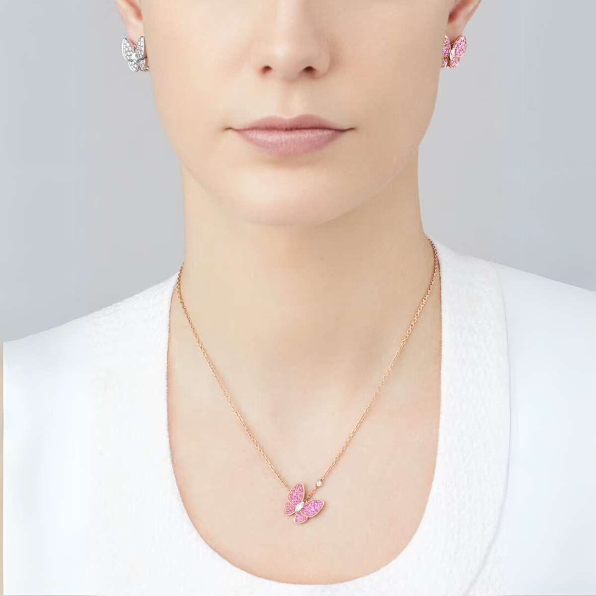 Colar Two Butterfly Pavé Rosa - Ouro Rose