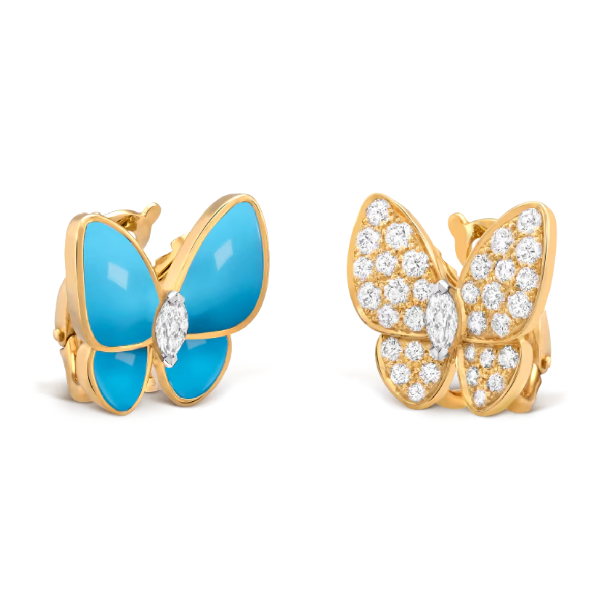 Brincos Two Butterfly Azul e Pavé - Ouro 18K
