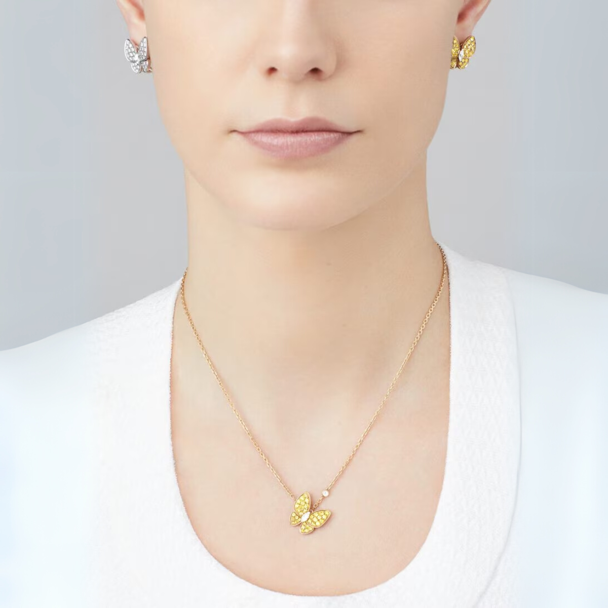Colar Two Butterfly Pavé Laranja - Ouro 18K