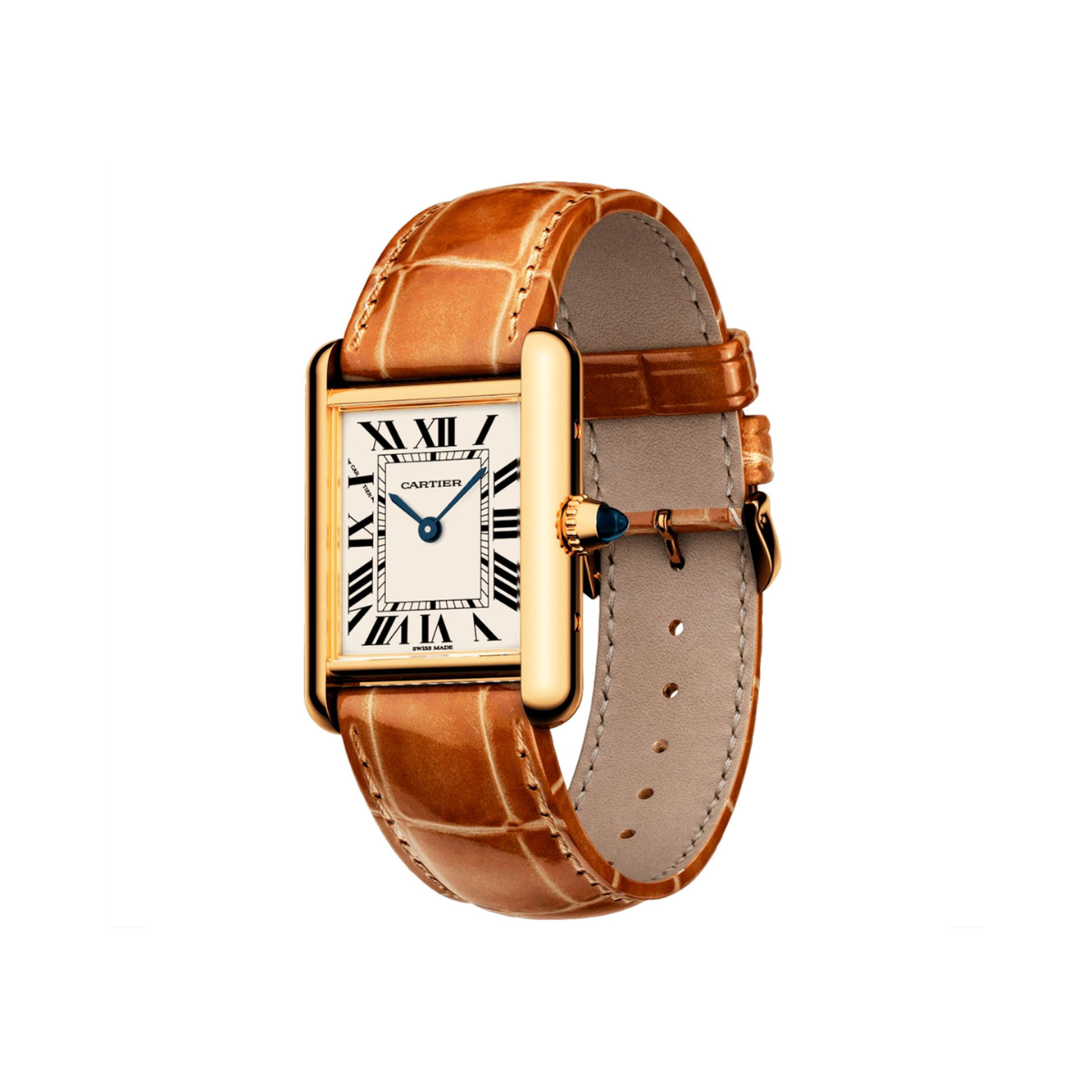 Relógio Tank Retangular Dourado Pulseira Marrom de Couro