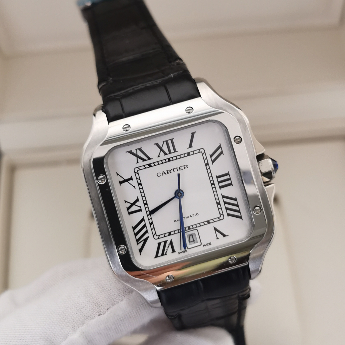Relógio Santos de Cartier Large Prata Pulseira de Couro