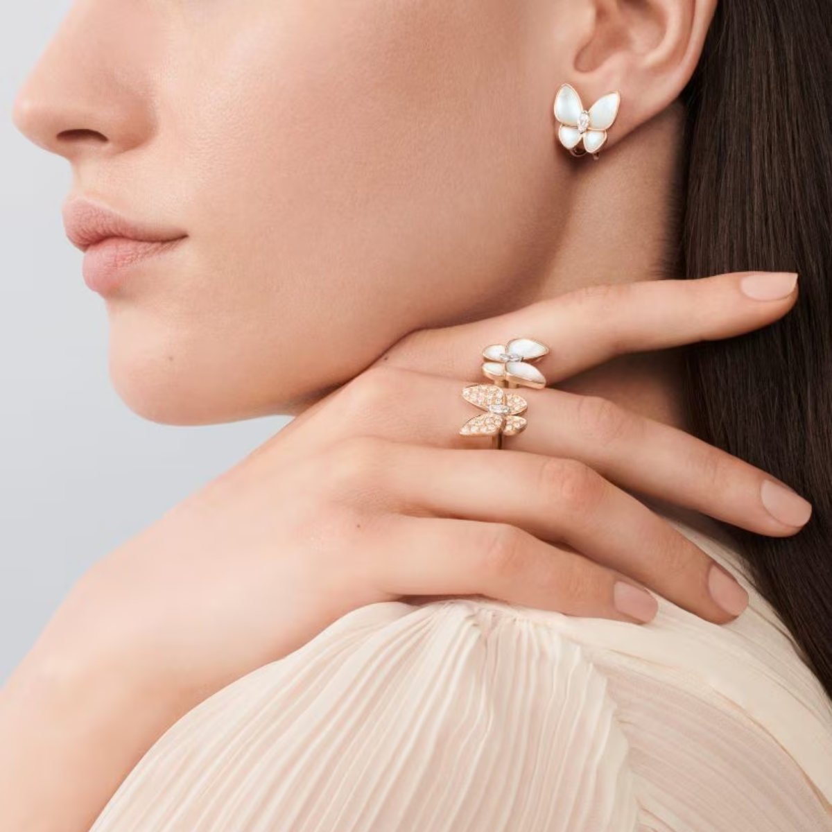 Anel Two Butterfly Branco e Pavé Brilhante - Ouro Rose