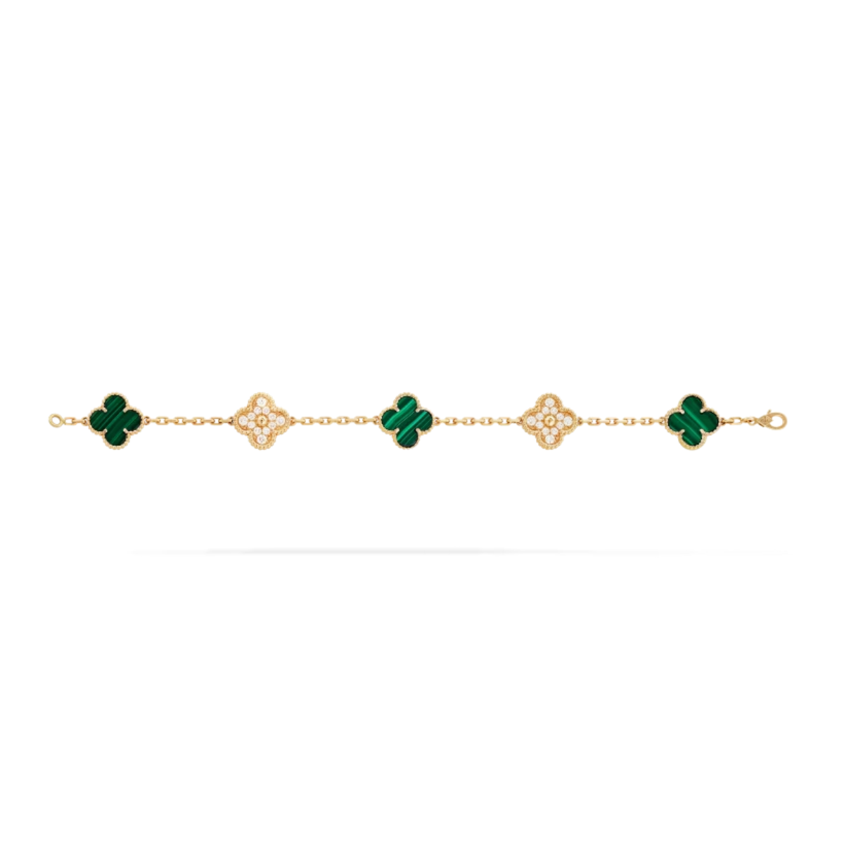 Pulseira Vintage Alhambra 5 Trevos Cravejado Snowflake Verde - Ouro 18K