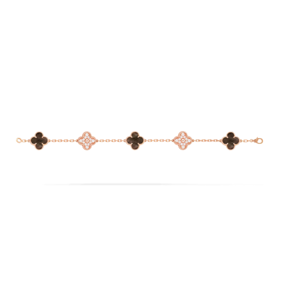 Pulseira Vintage Alhambra 5 Trevos Cravejado Snowflake Cinza- Ouro Rose