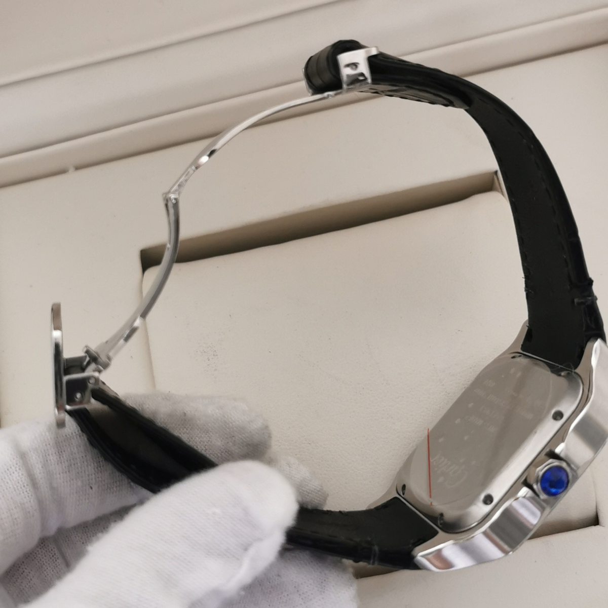 Relógio Santos de Cartier Large Prata Pulseira de Couro