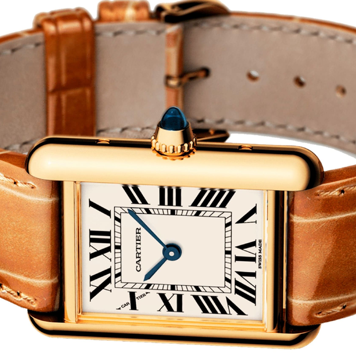 Relógio Tank Retangular Dourado Pulseira Marrom de Couro