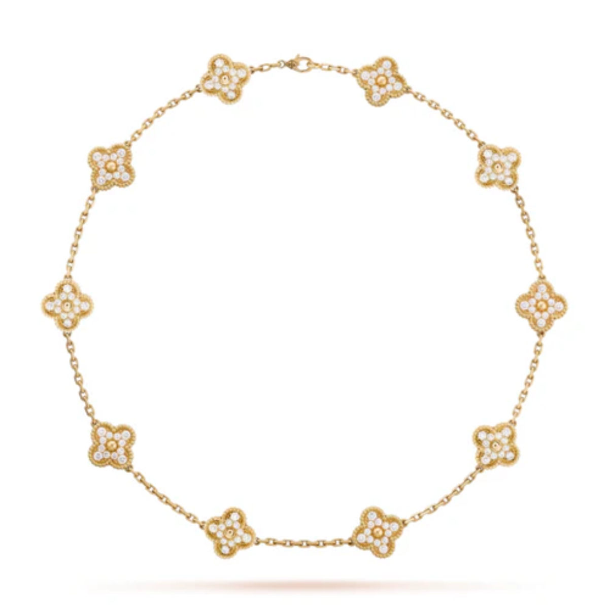 Conjunto Alhambra Trevo Colar 10 Trevos e Pulseira Cravejado Snowflake - Ouro 18K